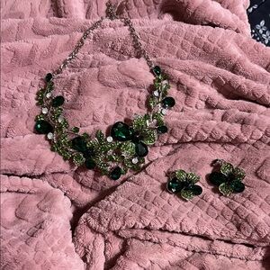 Green Floral Crystal Statement Necklace and Earrings Set